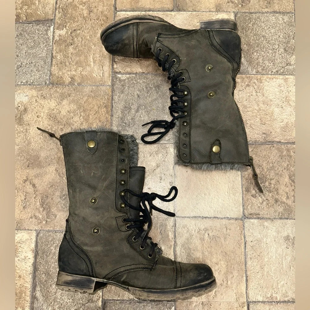 CUDDLE-F Leather Combat Boots 8.5M Fur Lined Lace Up Mid Calf Gray - Picture 2 of 7